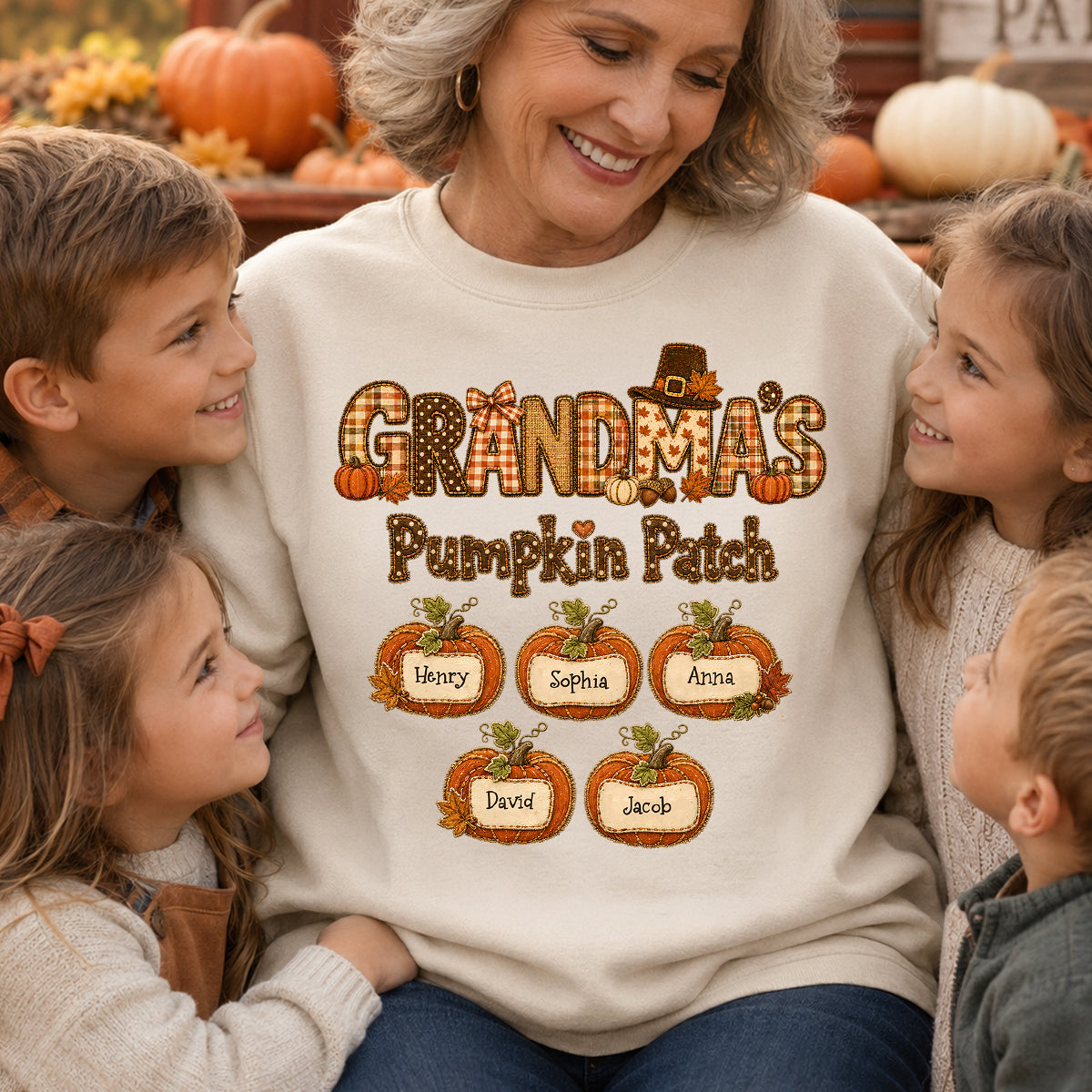 Grandma's Pumpkin Patch Fall Patchwork Pattern - Personalized Shirt - Trendy Fall Halloween Tee for Grandma