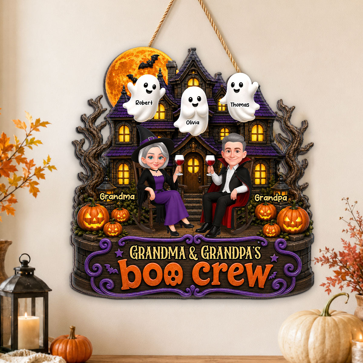 Halloween Haunted House Grandpa Grandma Boo Cew - Personalized Wood Sign - Halloween Decoration For Grandparents