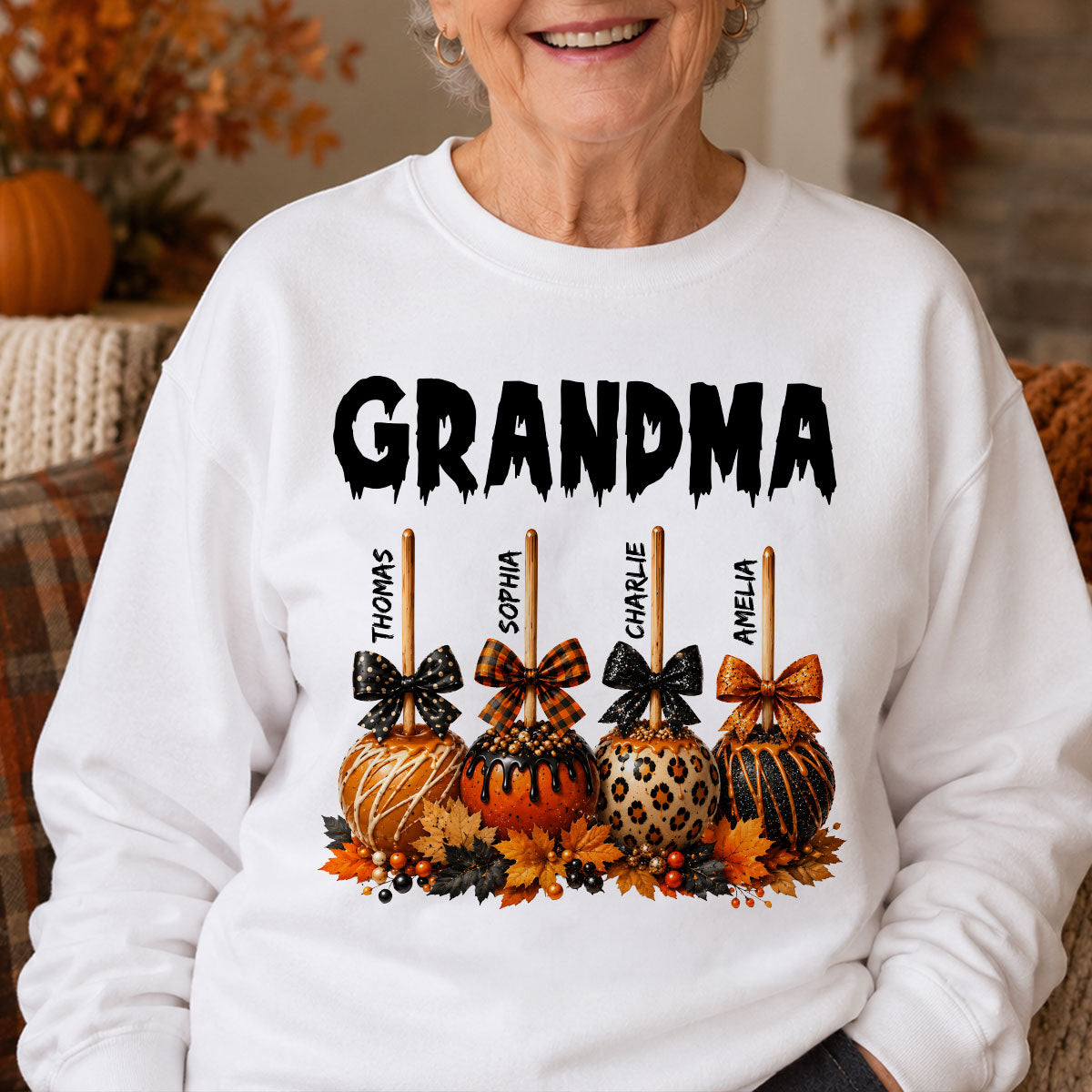Trending Fall Season Halloween Grandma Fall Caramel Apples Custom Kids Names - Personalized Shirt - Fall Halloween Shirt For Grandma