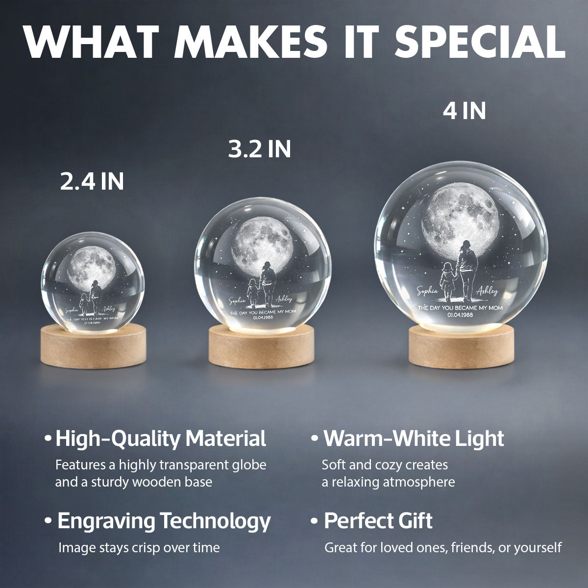 The Day You Became My Mom Custom Moon Phase by Date - Personalized Crystal Ball LED Night Light - Mother's Day Gift for Mom