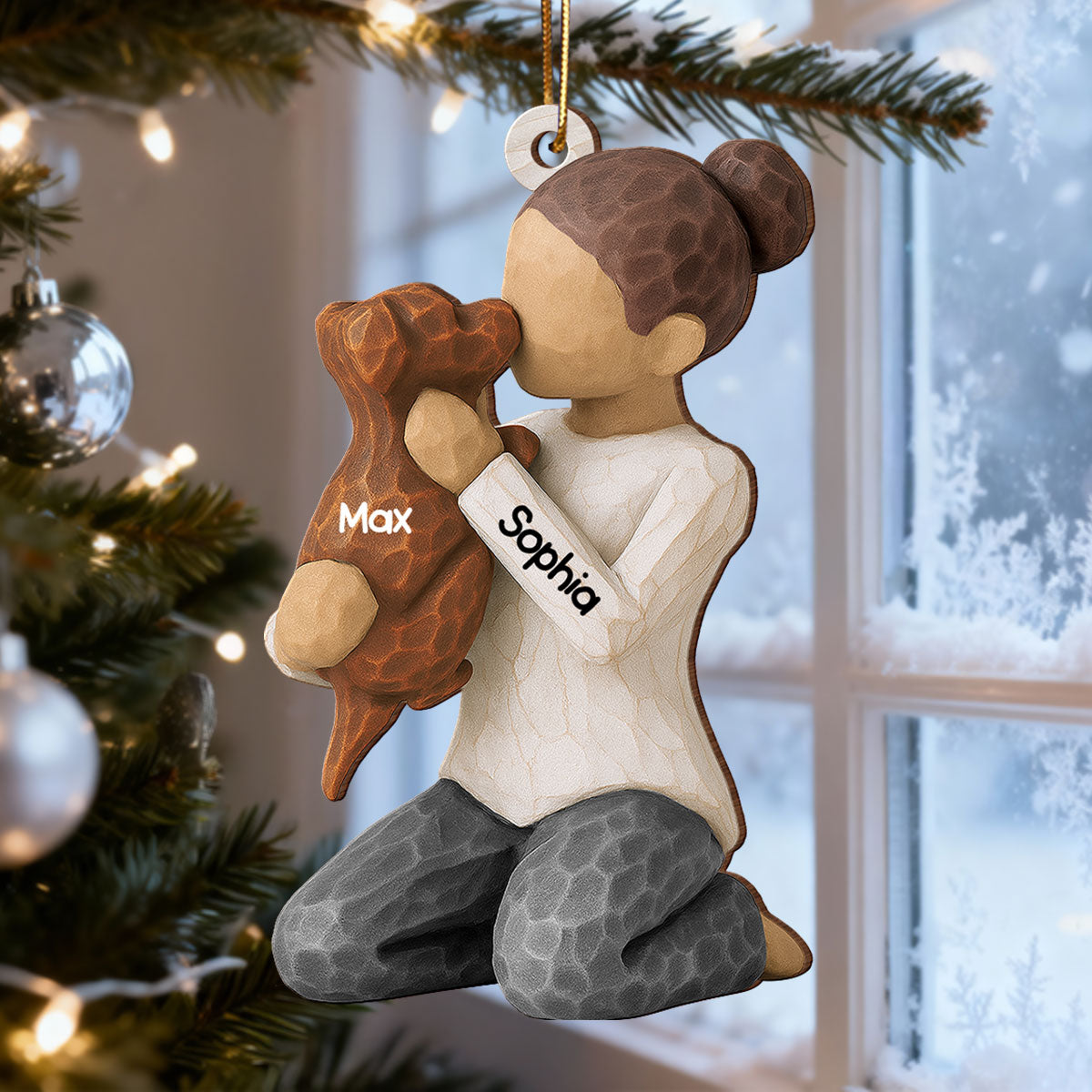 3D Effect Boy Girl Hugging Dog - Personalized Wooden Ornament - Christmas Gift For Dog Lovers