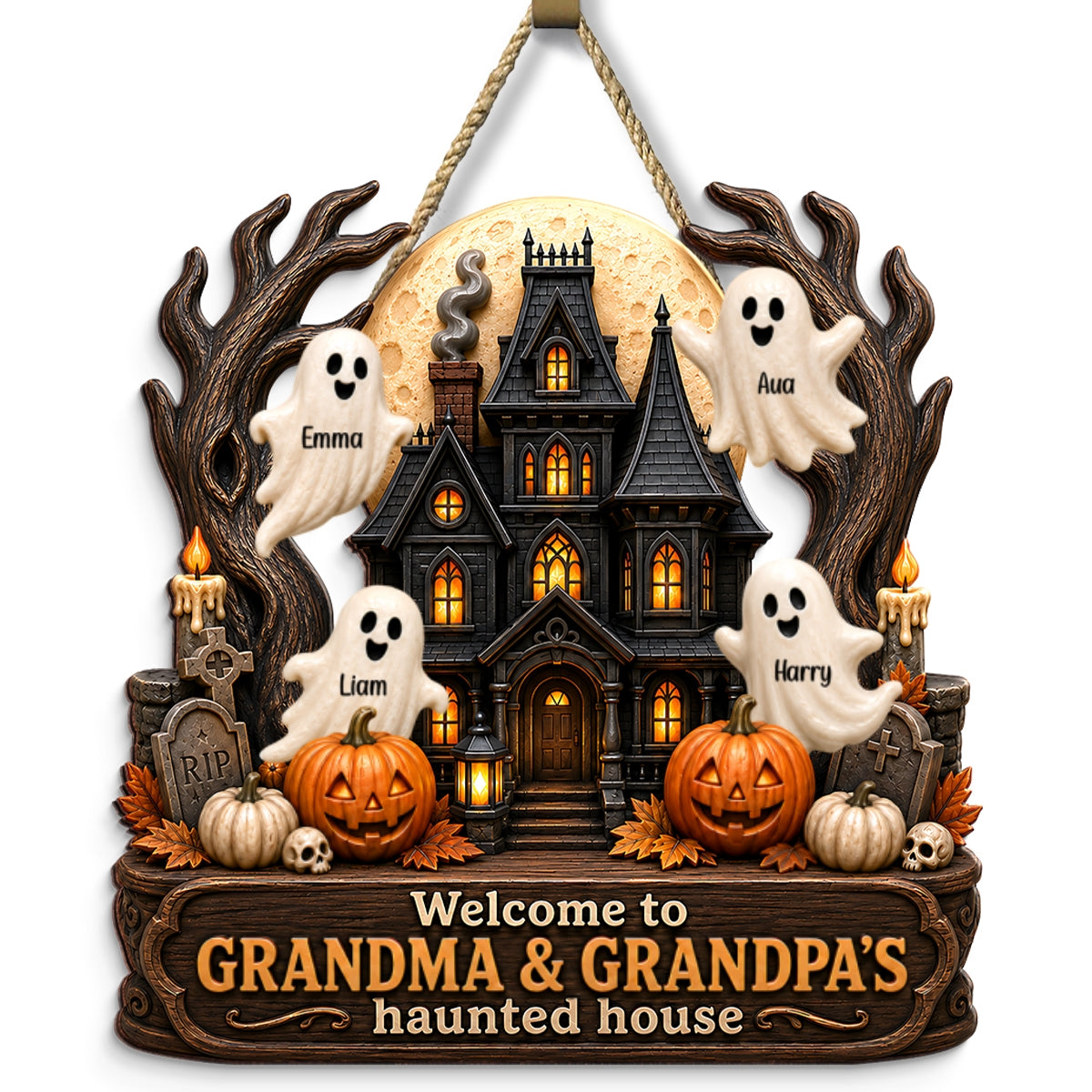 Grandma Grandpa's Halloween Haunted House - Personalized Door Sign - Halloween Decor for Grandparents