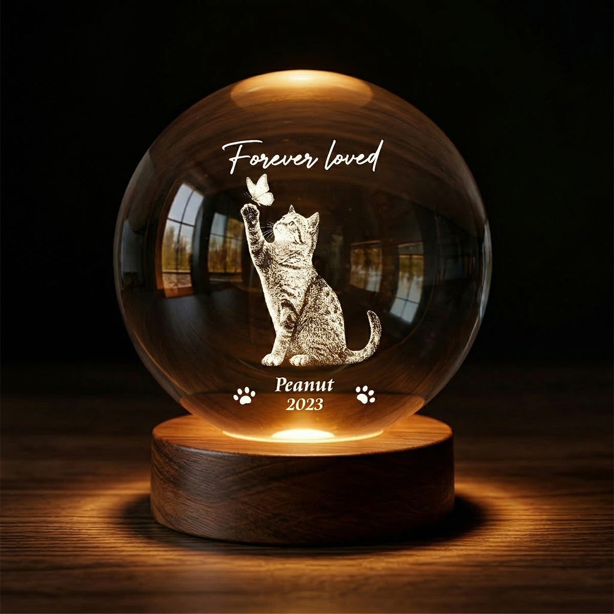 Forever In My Heart Memorial Cat Butterfly - Personalized Crystal Ball LED Night Light - Sympathy Gift For Cat Lovers