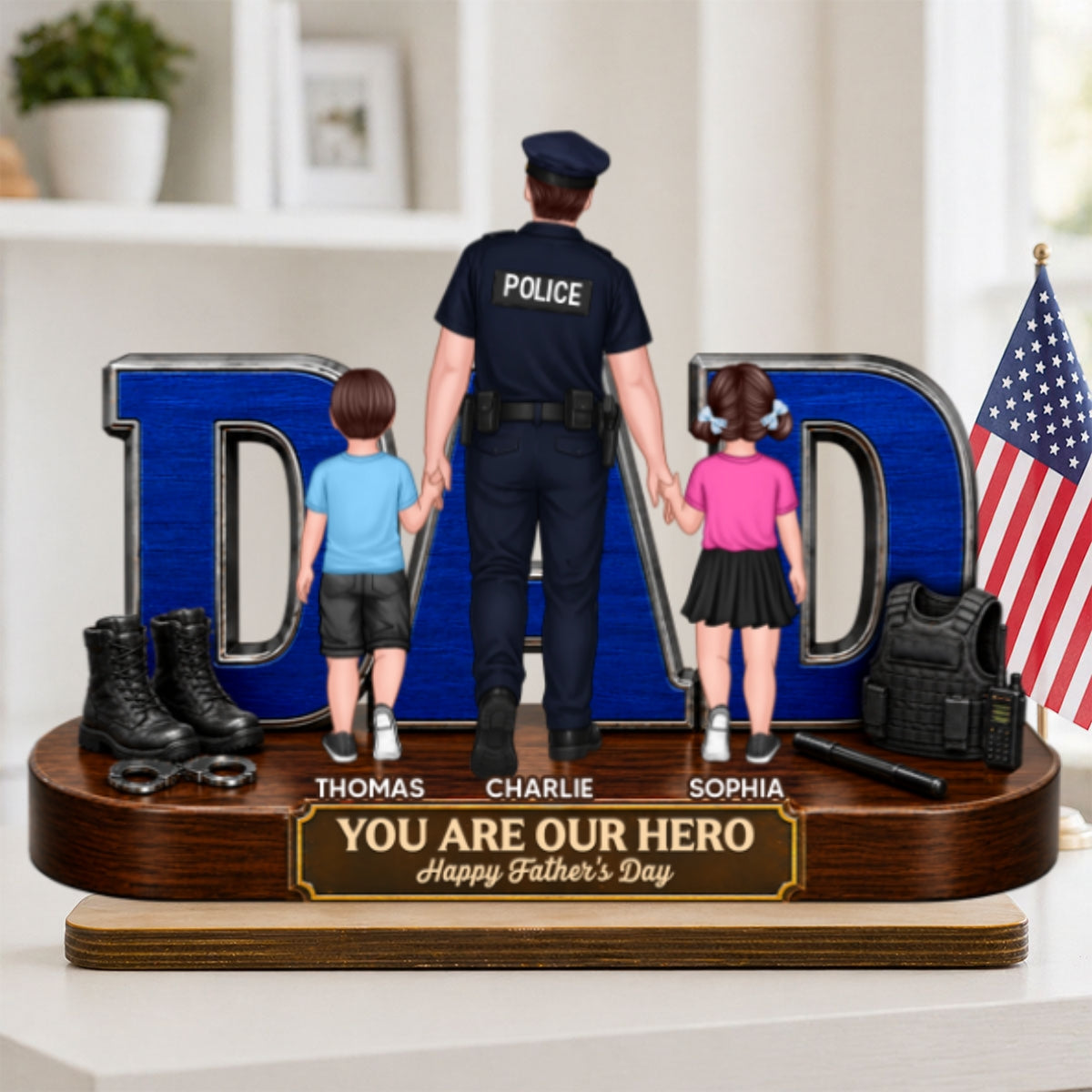 Proud American Police Dad You Are Our Hero - Personalized 2-Layered Wooden Plaque -  Gift For Dad