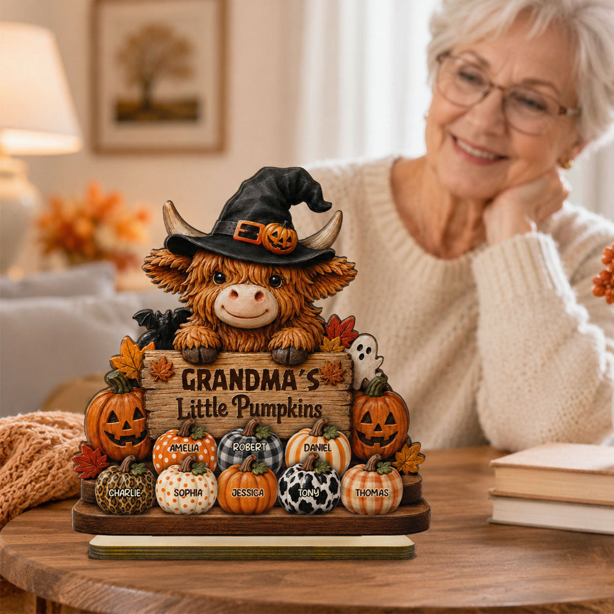 Highland Cow Grandma's Little Pumpkins - Personalized 2-Layered Wooden Plaque - Fall Decor For Grandma