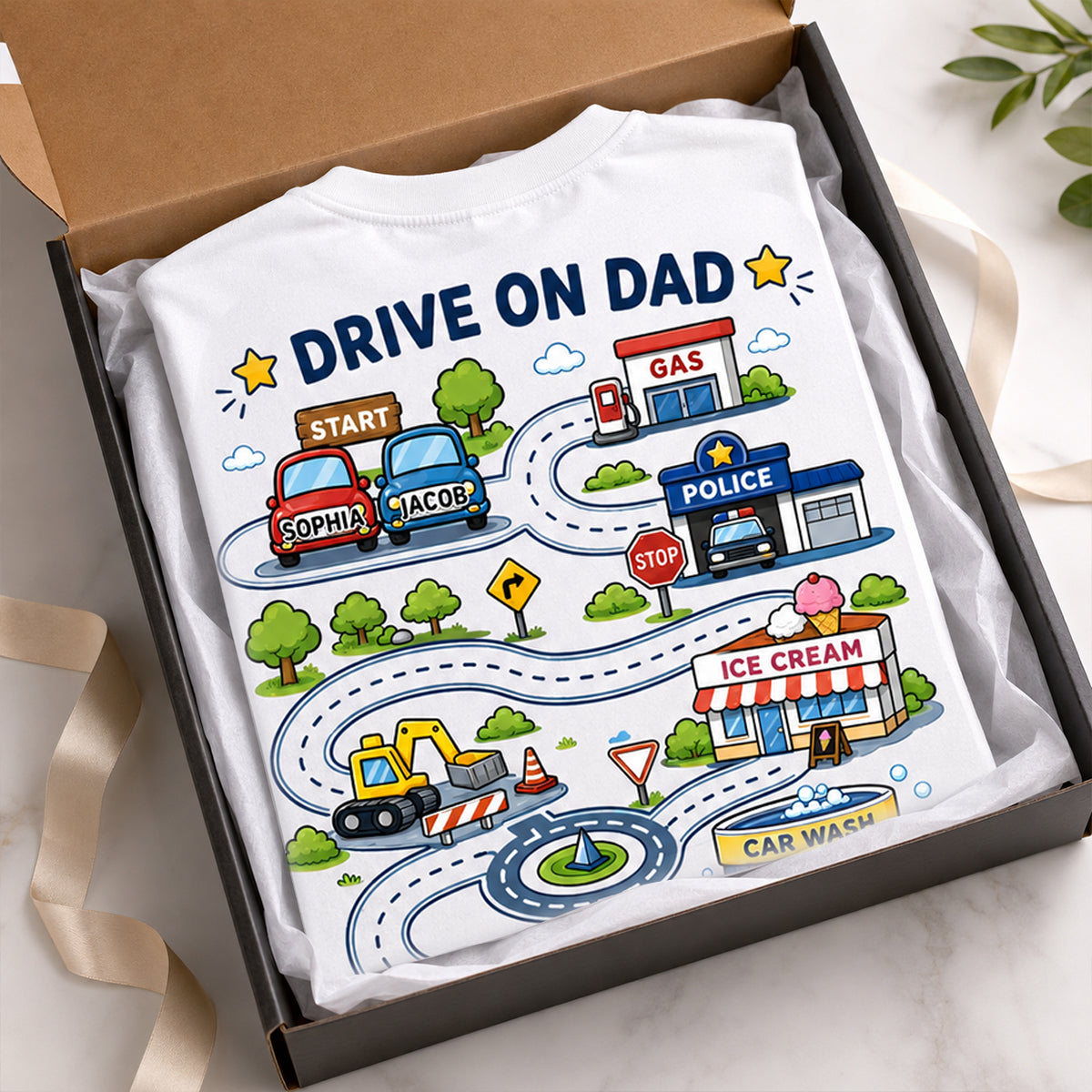 Drive On Dad Toddler Drives Toy Cars on City Road Map - Personalized Shirt - Father's Day Gift for Him