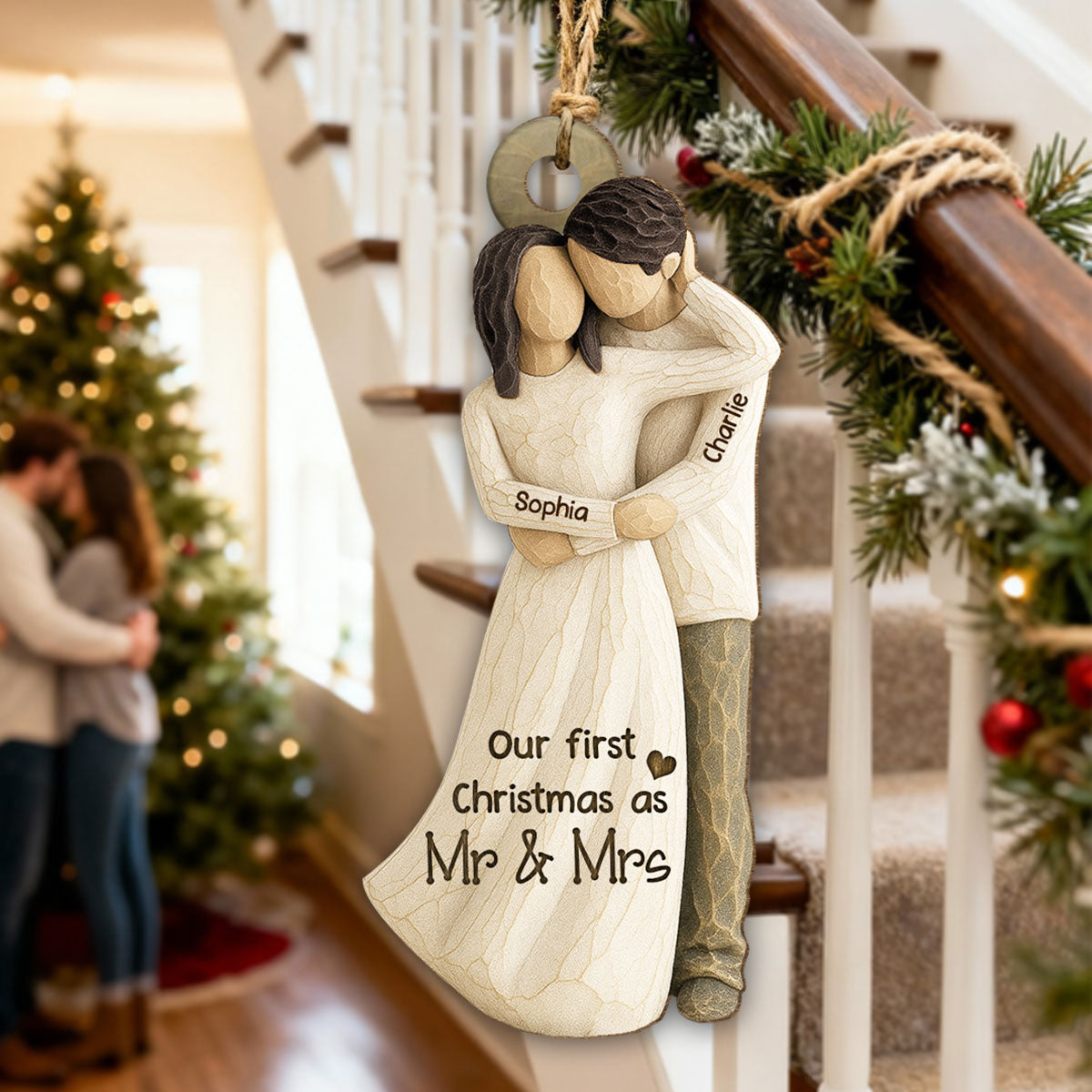 3D Effect First Christmas As Mr. & Mrs. - Personalized Wooden Ornament - Newlyweds Couple Gift