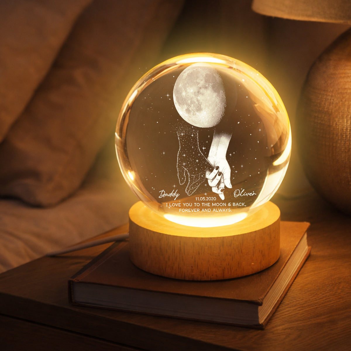 Lost Loved One Holding Hands Moon Phase Galaxy Art - Personalized Crystal Ball Night Light - Memorial Sympathy Gift