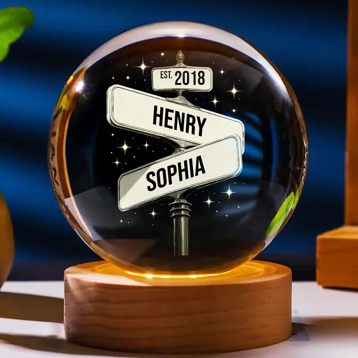 Custom Couple Street Sign - Personalized Crystal Ball LED Night Light - Sentimental Valentine's Day Gift for her, for him