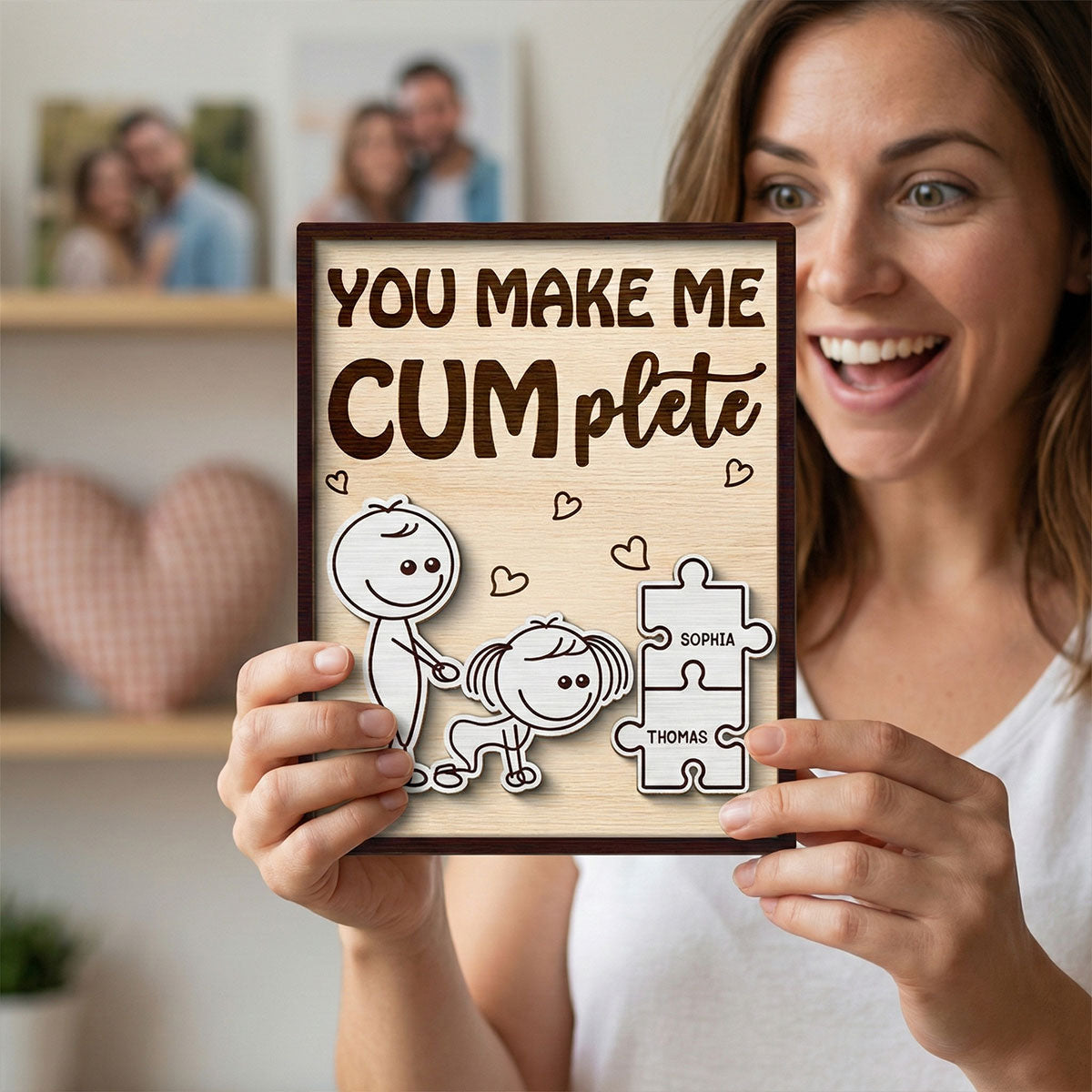 Funny Inappropriate Couple You Make Me Cumplete - Personalized 2-Layered Wooden Plaque - Funny Valentine's Day Gift For Couple