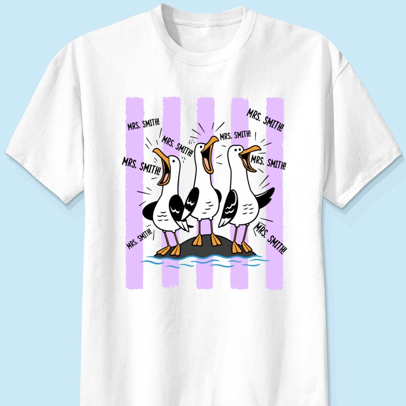 Trending Stripe Woman Style Seagulls Yelling Teacher - Personalized Shirt - Back To School Gift, Funny Shirt For Teacher