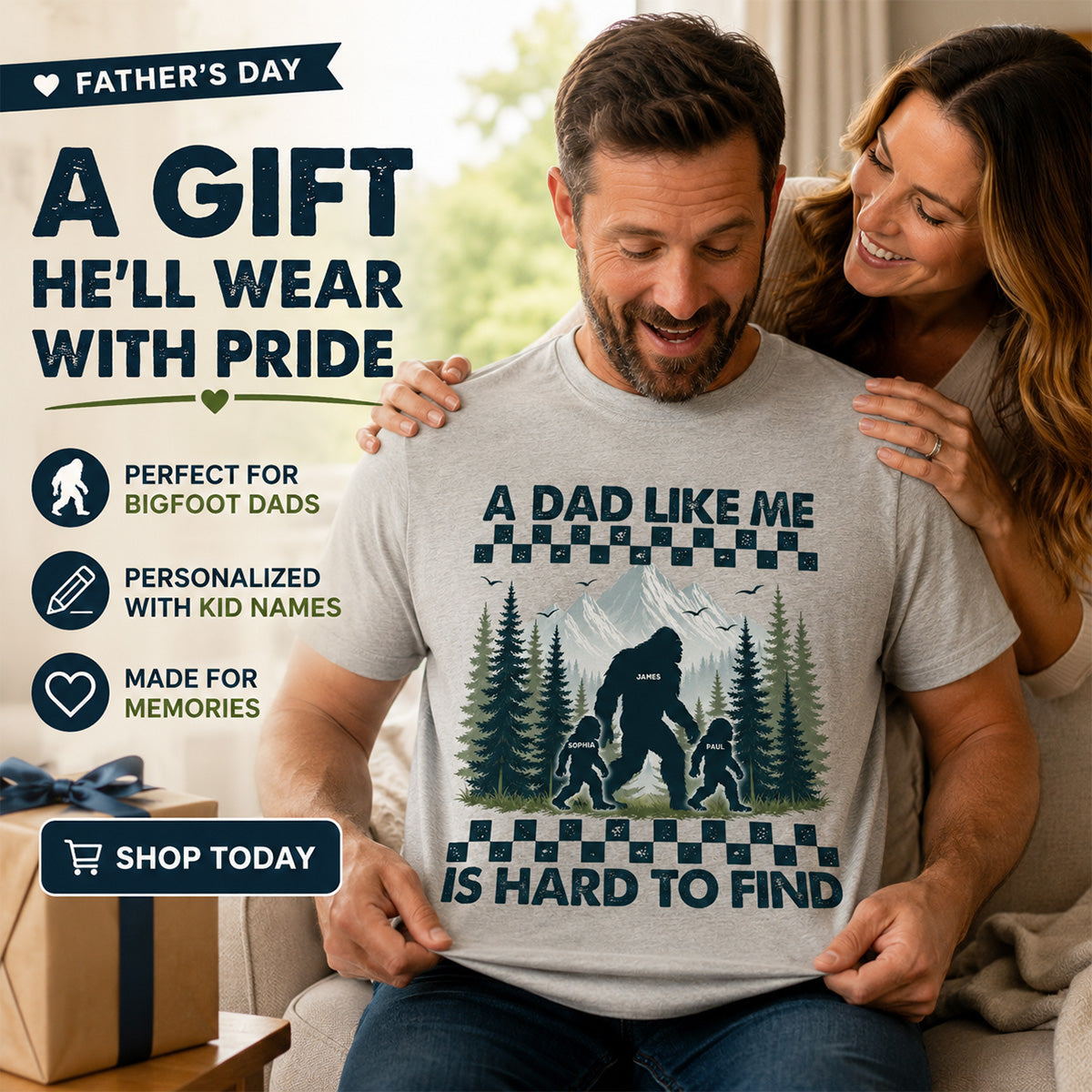 Retro Funny Bigfoot Dad With Kids Names - Personalized Shirt - Father's Day Gift for Dad