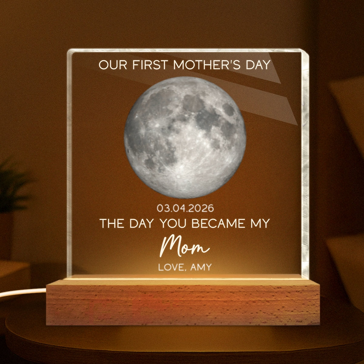 The Day You Became My Mom Custom Moon Phase First Mother's Day - Personalized Acrylic Block Plaque LED Night Light - First Mother's Day Gift For New Mom