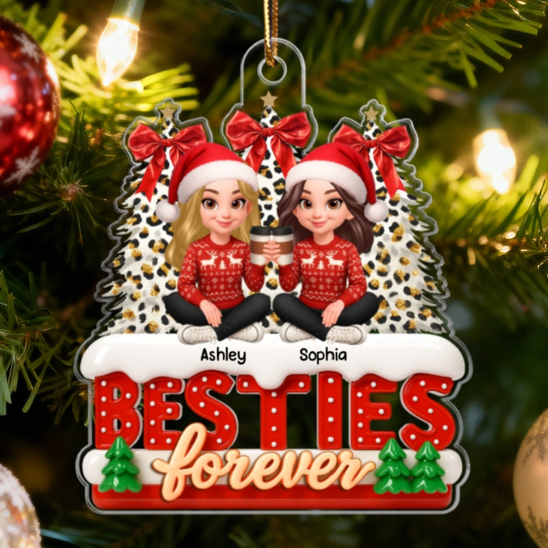 3D Effect Cartoon Besties Forever Leopard Coquette Christmas Tree - Personalized Acrylic Ornament