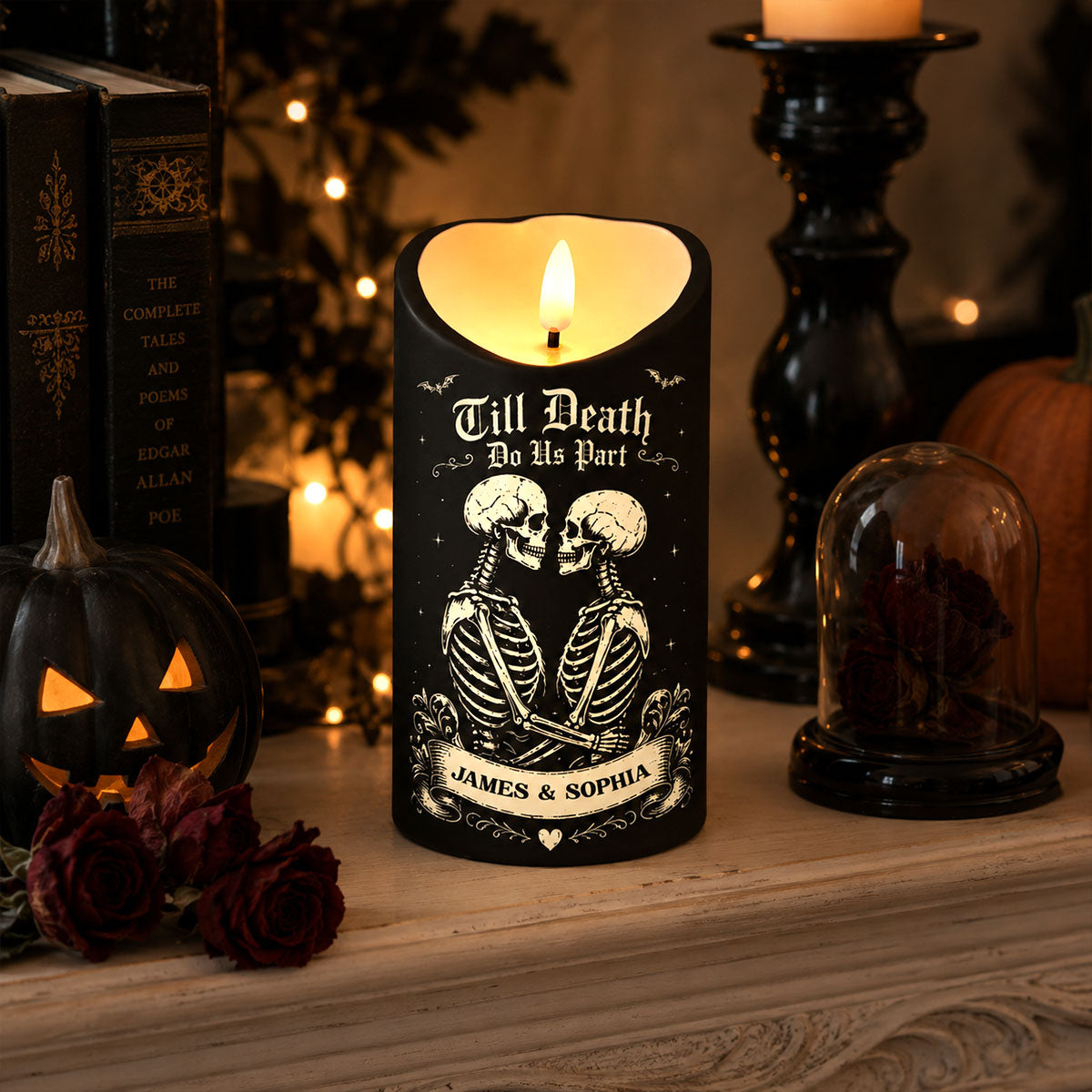 Till Death Do Us Part Skeleton Couple Black Theme - Personalized LED Candle - Halloween Decor For Couple
