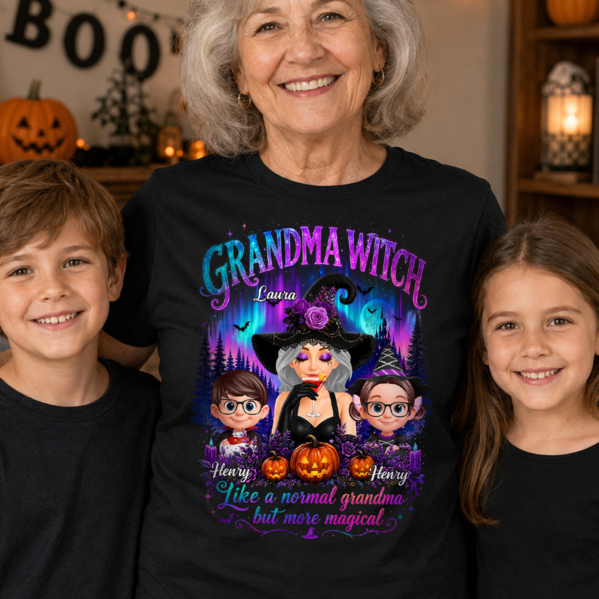 Grandma Witch More Magical Neon Light - Personalized Shirt - Trendy Halloween Tee for Grandma