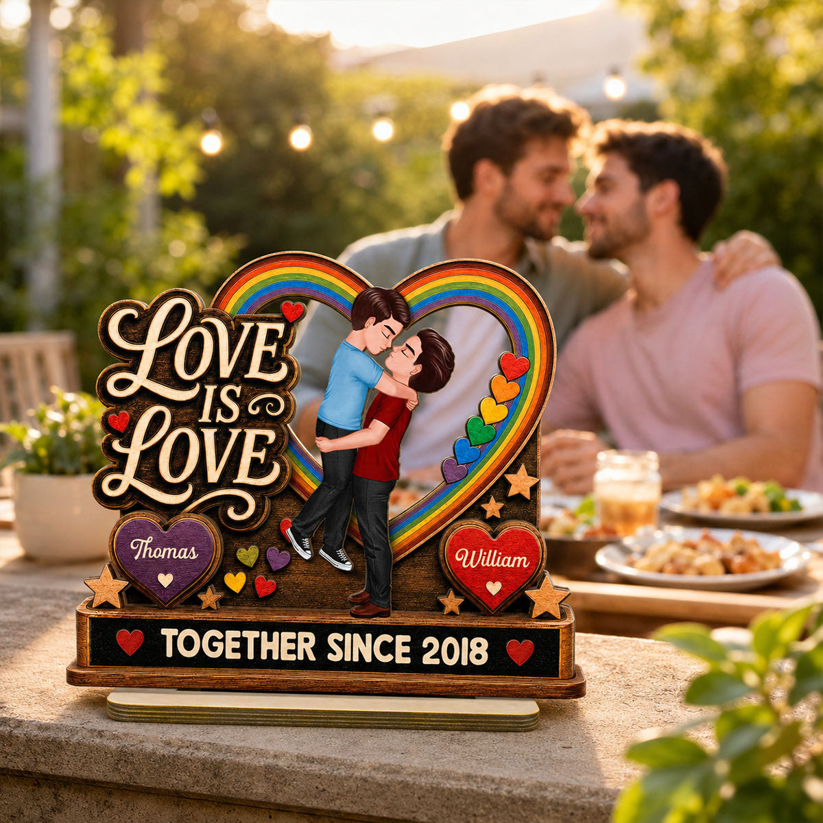 Love Is Love LGBTQ+ Couple Kissing - Personalized 2-Layered Wooden Plaque - Pride Month Gift For Couple