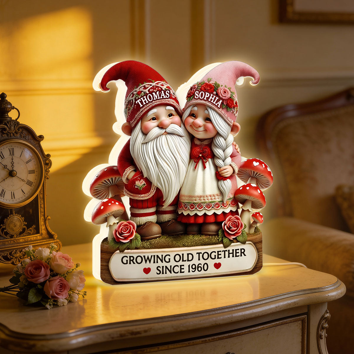 3D Effect Gnome Couple Growing Old Together - Personalized Light Box - Heartfelt Valentine's Day Gift, Anniversary Gift For Couple, For Him, For Her