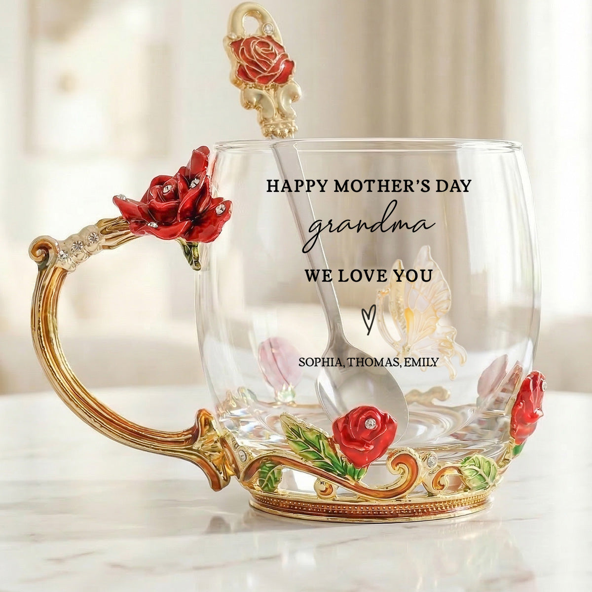 Good Morning Happy Mother's Day Grandma Mom - Personalized Enamel Flower Tea Cup - Gift For Grandma, Mom