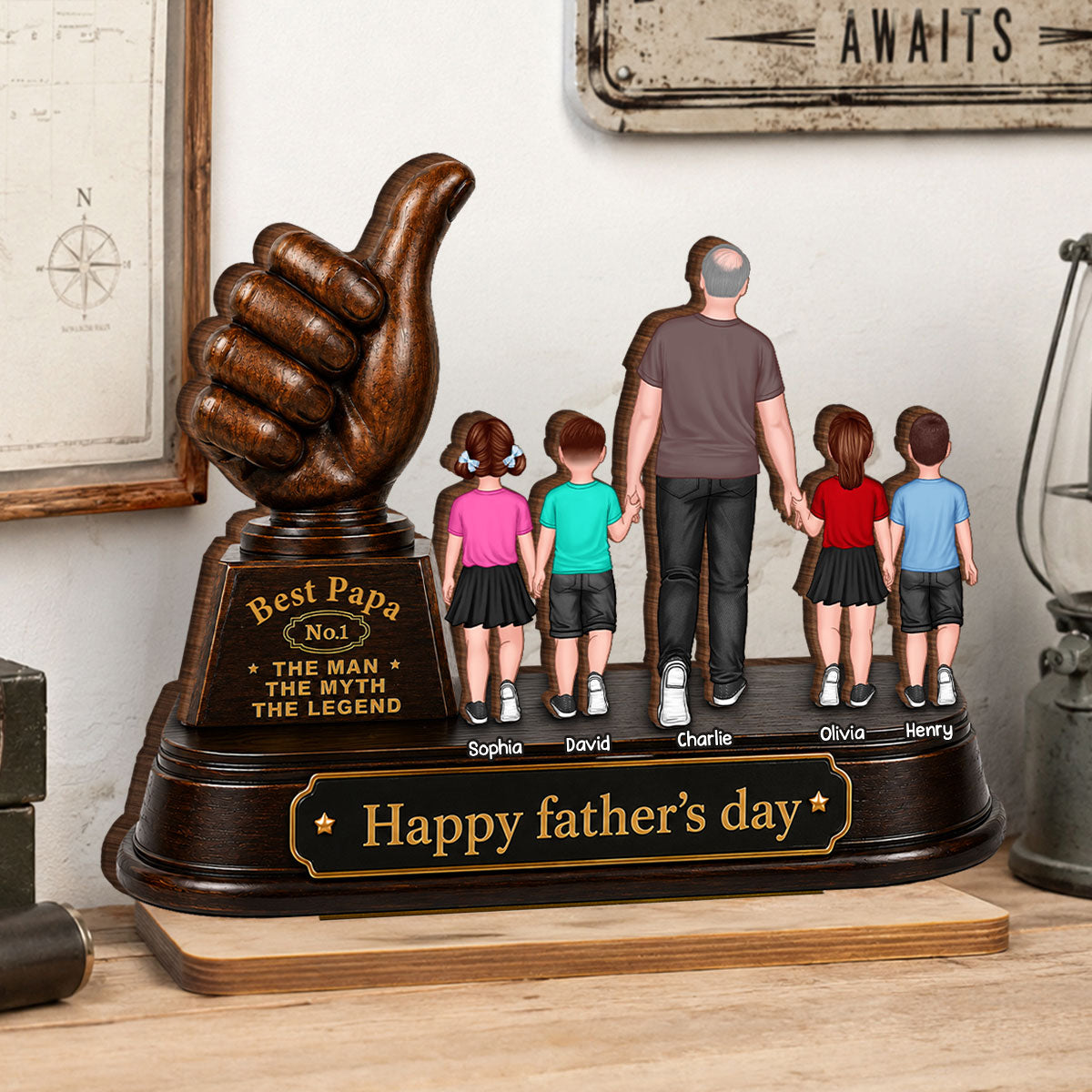 No. 1 Dad Grandpa Trophy - Personalized 2-Layered Wooden Plaque -  Gift for Dad, Husband