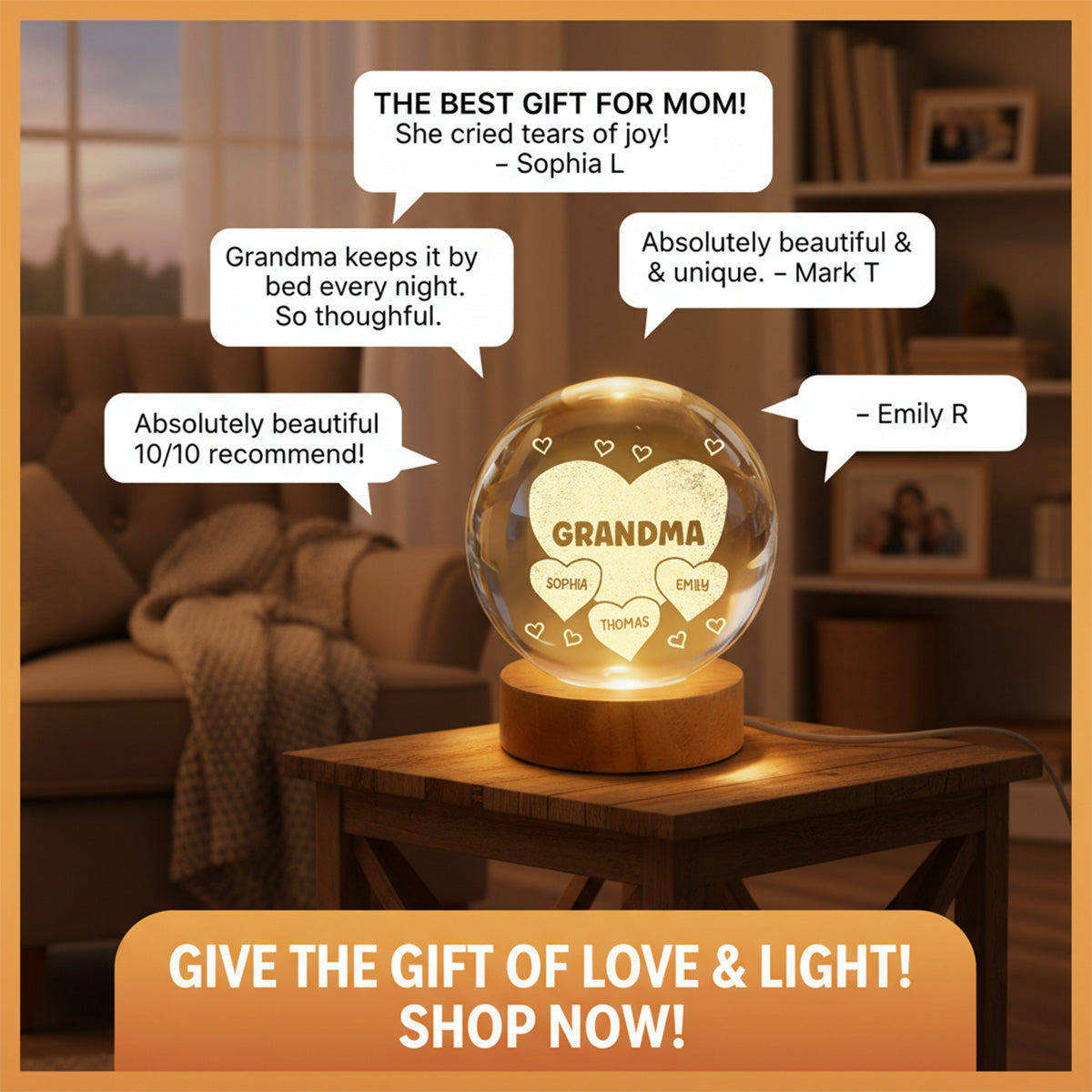 Grandma Mom Hearts Custom Kids Names - Personalized Crystal Ball LED Night Light - Gift For Grandma, Mom