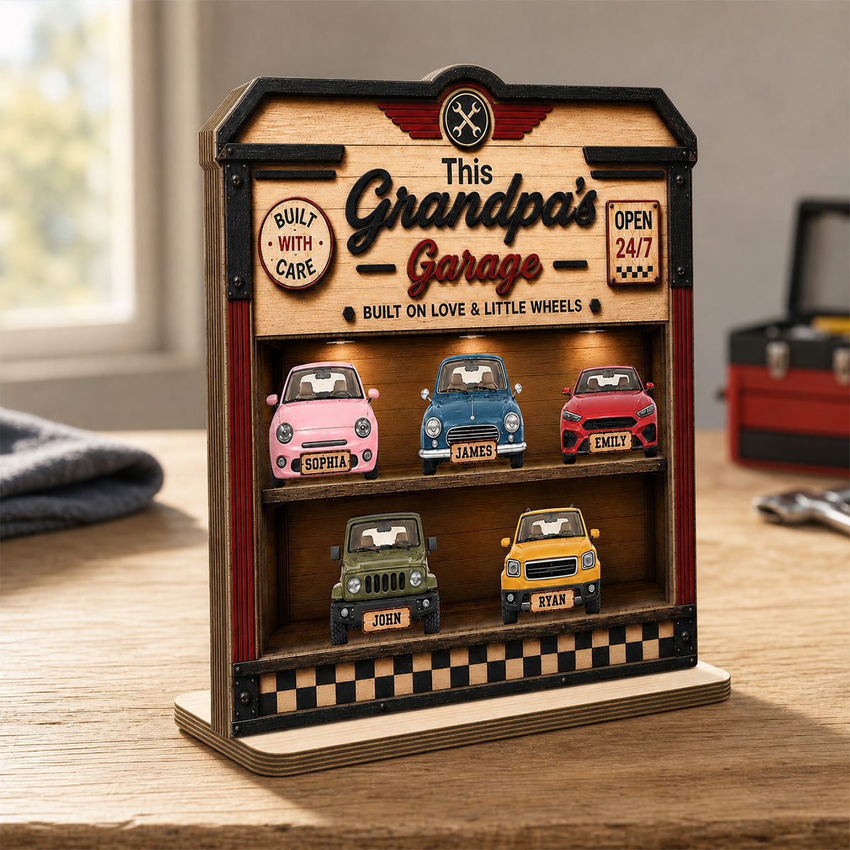 Dad Grandpa's Garage 2D Flat - Personalized Wooden Plaque -  gift for Dad, Grandpa