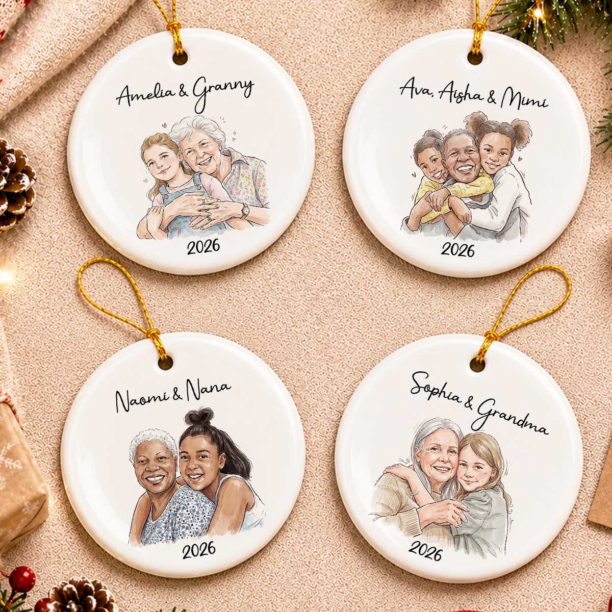 Custom Photo Grandma Grandkid Watercolor Style - Personalized Ceramic Ornament - Christmas Gift For Grandkids, Grandma