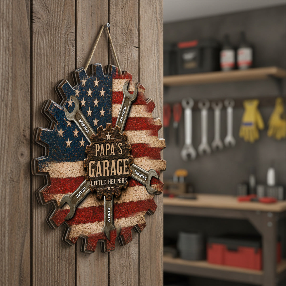 Rustic Workshop Little Helpers Nation Flag Theme 2D Flat - Personalized Wooden Garage Sign - Father's Day Gift For Patriotic Mechanic Dad, Grandpa