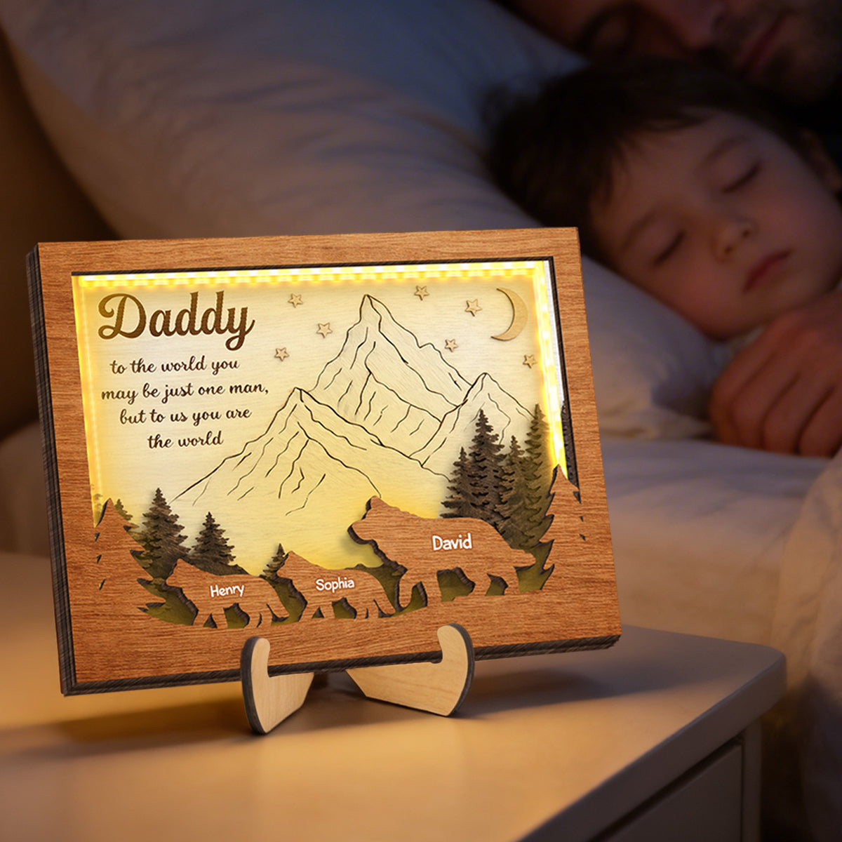 Daddy to Us You Are the World - Personalized 2-Layered Wooden Plaque LED Night Light - Sentimental Gift for Dad, Husband