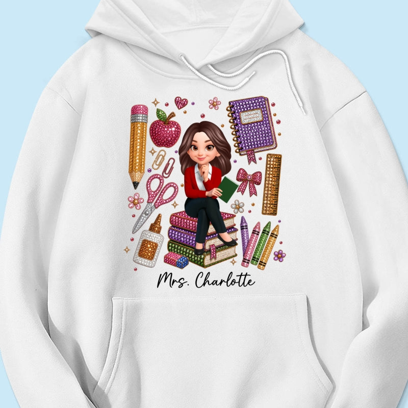 Teacher Sitting With School Supplies Faux Rhinestone – Personalized Shirt – Back To School Gift For Teacher