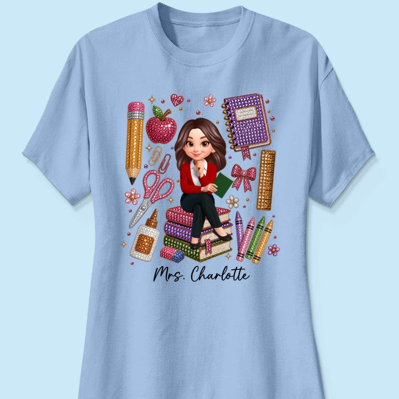 Teacher Sitting With School Supplies Faux Rhinestone – Personalized Shirt – Back To School Gift For Teacher