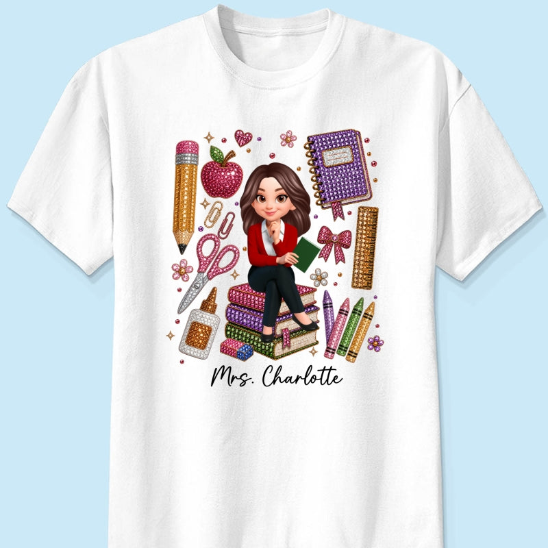 Teacher Sitting With School Supplies Faux Rhinestone – Personalized Shirt – Back To School Gift For Teacher
