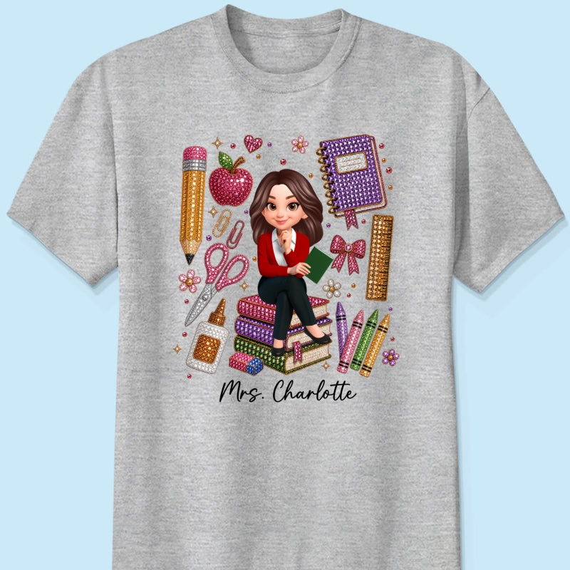 Teacher Sitting With School Supplies Faux Rhinestone – Personalized Shirt – Back To School Gift For Teacher
