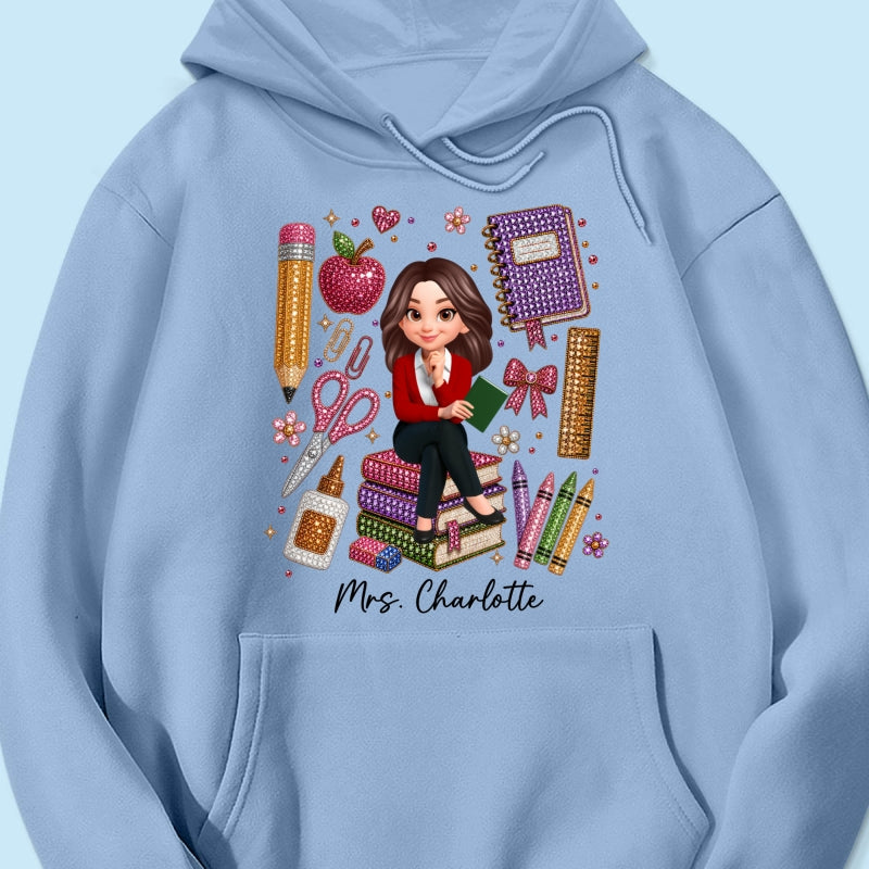 Teacher Sitting With School Supplies Faux Rhinestone – Personalized Shirt – Back To School Gift For Teacher
