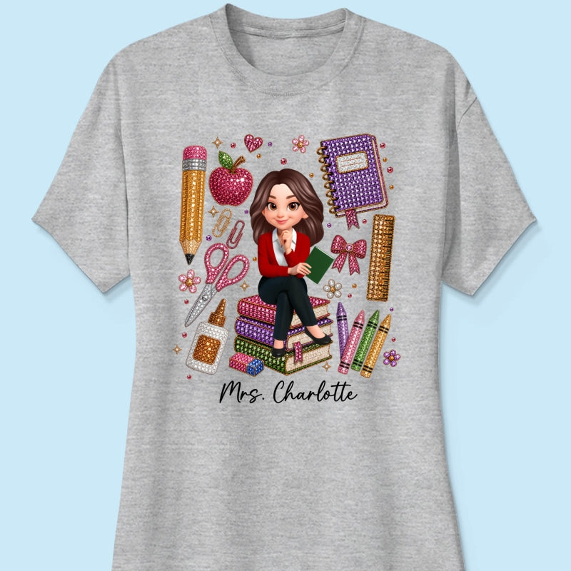 Teacher Sitting With School Supplies Faux Rhinestone – Personalized Shirt – Back To School Gift For Teacher