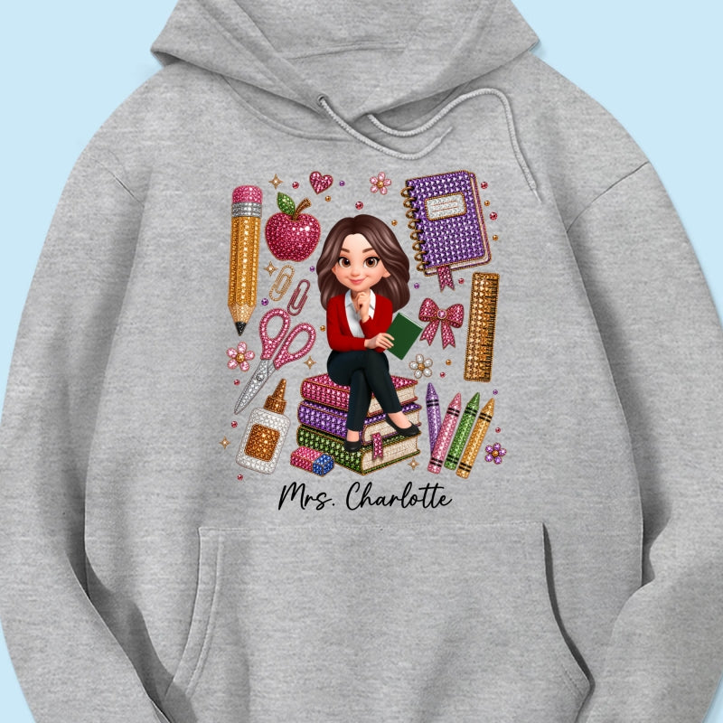 Teacher Sitting With School Supplies Faux Rhinestone – Personalized Shirt – Back To School Gift For Teacher