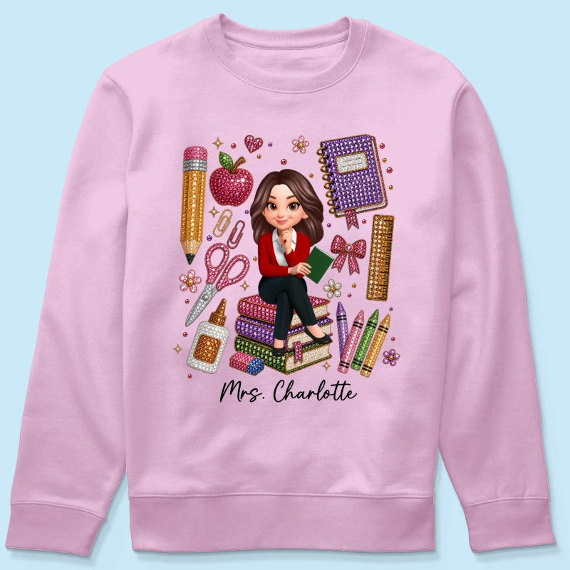 Teacher Sitting With School Supplies Faux Rhinestone – Personalized Shirt – Back To School Gift For Teacher
