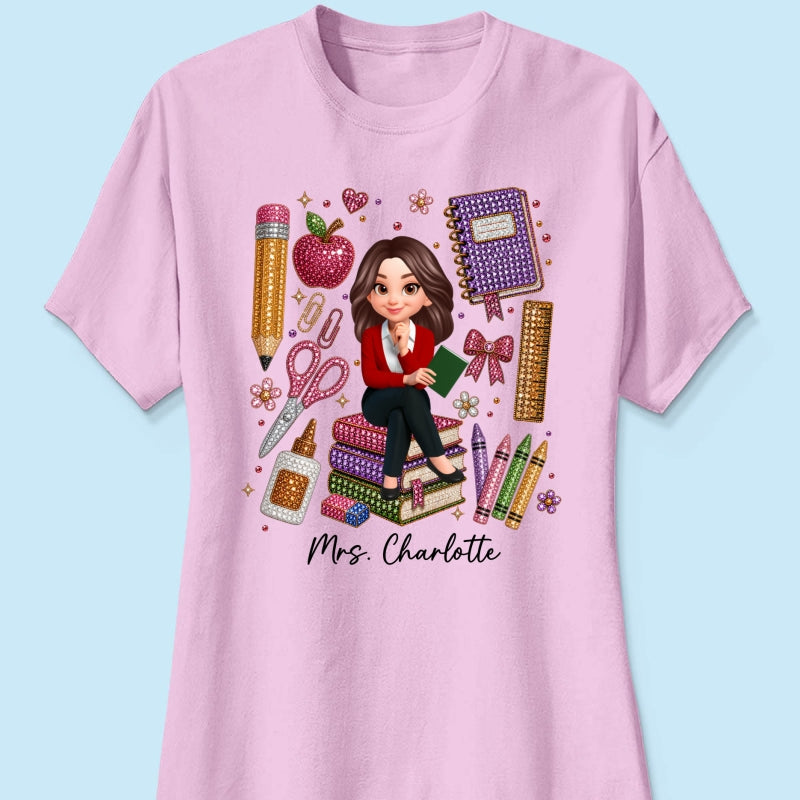Teacher Sitting With School Supplies Faux Rhinestone – Personalized Shirt – Back To School Gift For Teacher