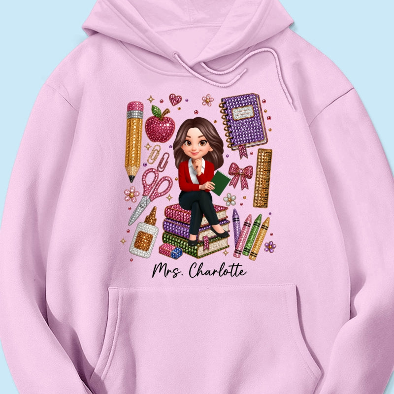 Teacher Sitting With School Supplies Faux Rhinestone – Personalized Shirt – Back To School Gift For Teacher