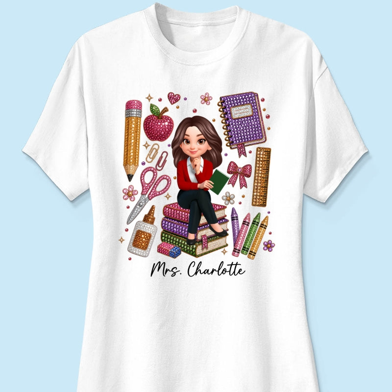 Teacher Sitting With School Supplies Faux Rhinestone – Personalized Shirt – Back To School Gift For Teacher