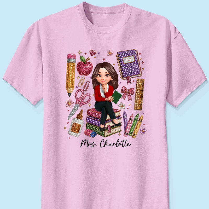 Teacher Sitting With School Supplies Faux Rhinestone – Personalized Shirt – Back To School Gift For Teacher