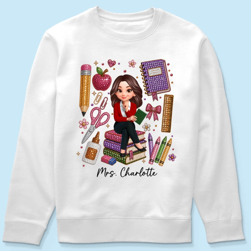 Teacher Sitting With School Supplies Faux Rhinestone – Personalized Shirt – Back To School Gift For Teacher
