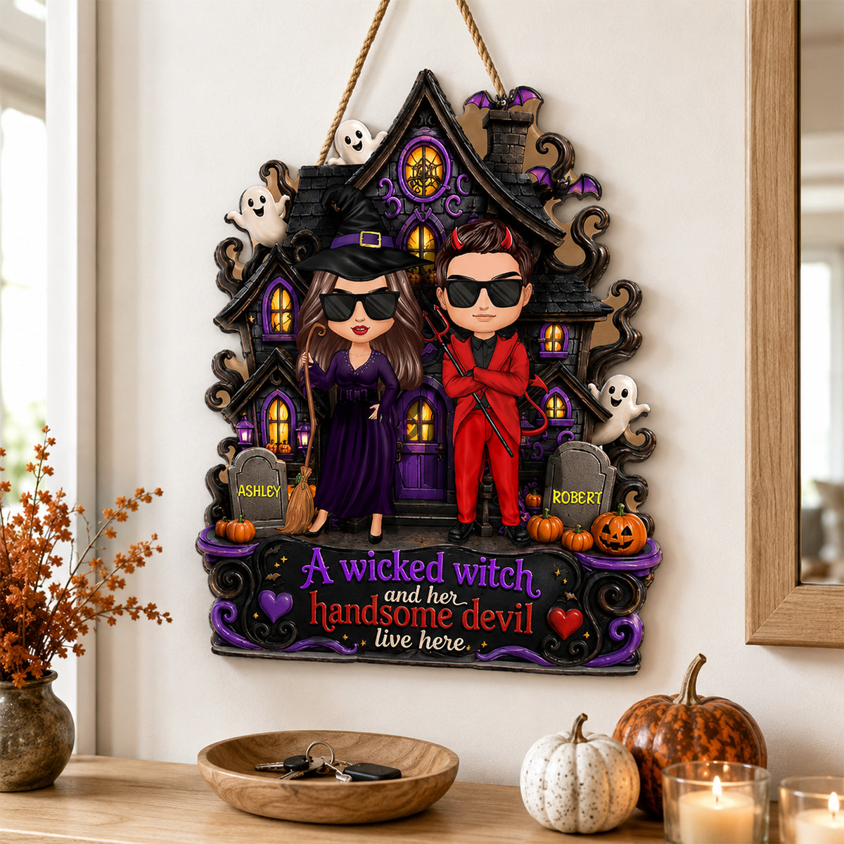 Halloween A Wicked Witch and Her Handsome Devil Live Here - Personalized Door Sign - Summerween Decor for Couples