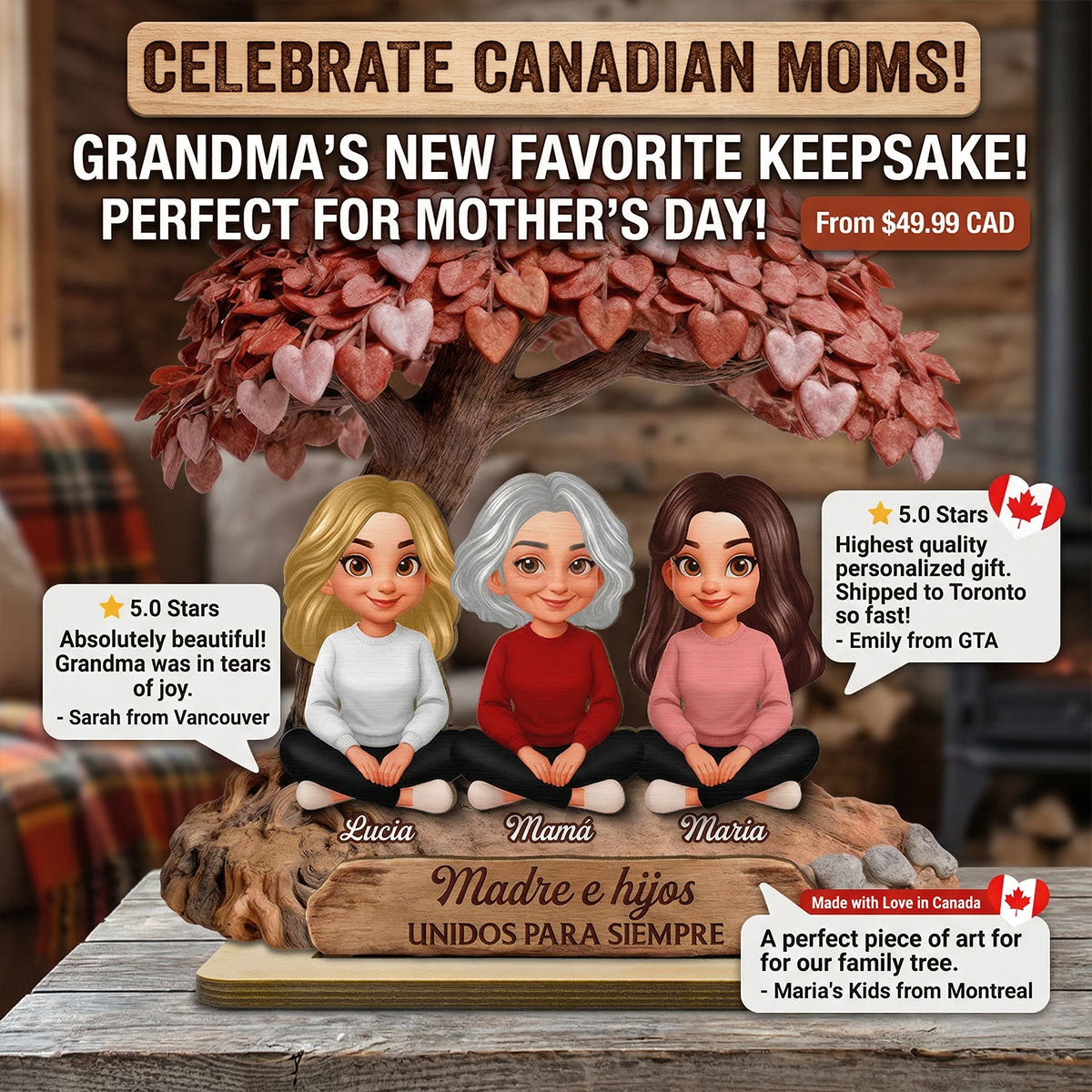 Mamá y Hija Hijo Bajo el Árbol del Corazón - Placa de Madera Personalizada de 2 Capas - Regalo para Mamá