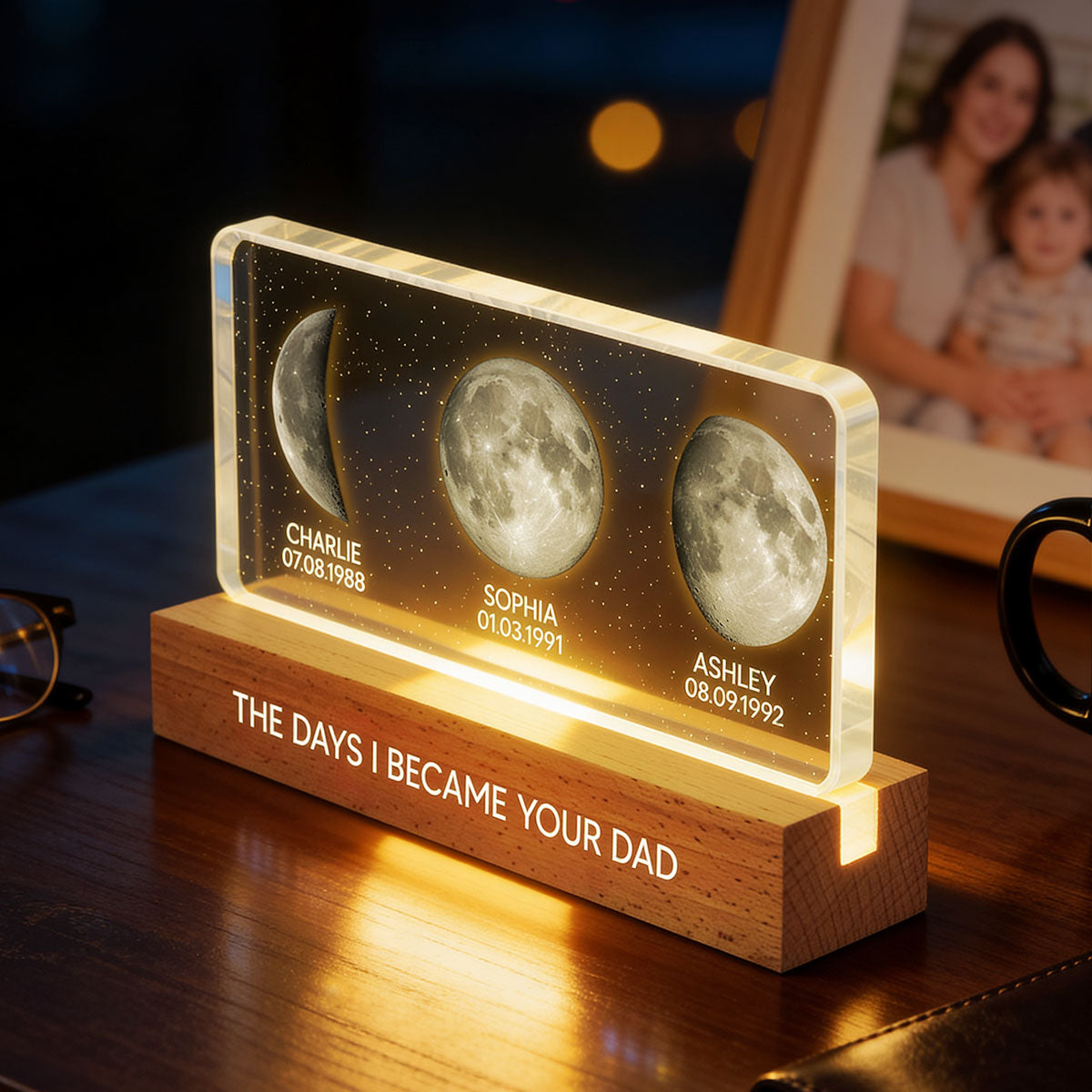 The Days You Became Our Dad Custom Children Birthdate Moon Phase - Personalized Acrylic Block LED Night Light - Heartfelt Father's Day For Dad