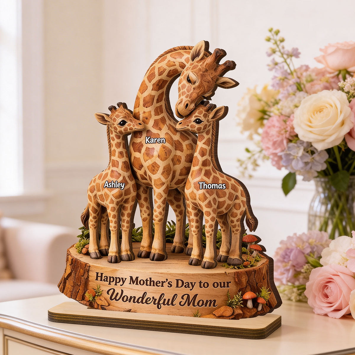 Happy Mother's Day Giraffe Mom - Personalized 2-Layered Wooden Plaque - Heartfelt Mother's Day Gift for Mom, Wife