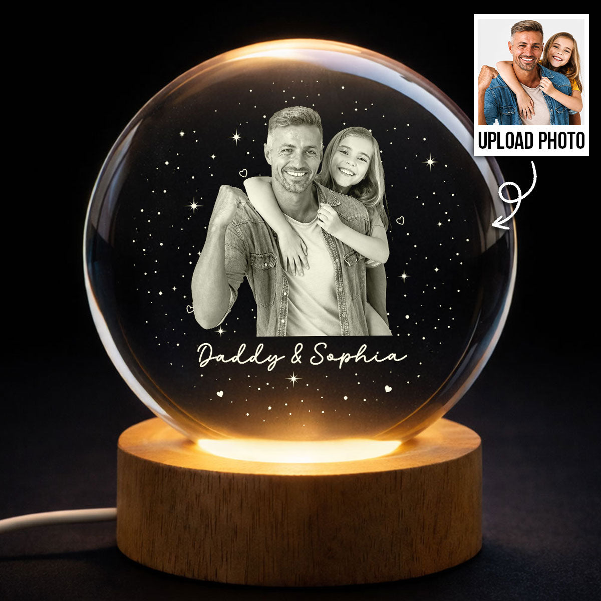 Dad And Kid Custom Upload Photo - Personalized Crystal Ball LED Night Light -  Gift For Dad
