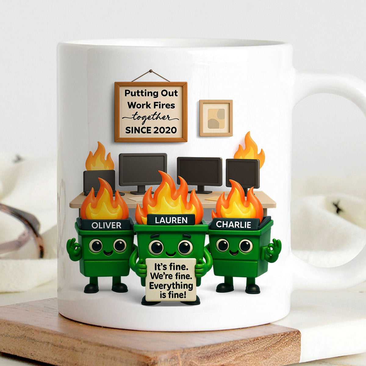 Funny Dumpster Fire Office Chaos - Personalized Mug - Funny Christmas Gift, White Elephant Gift for Coworkers