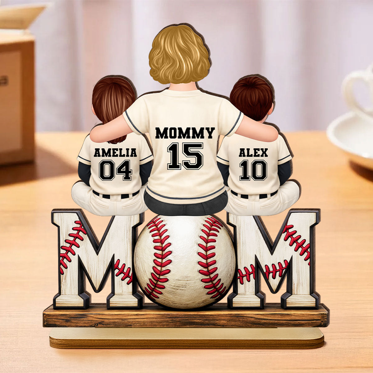 Baseball Mom and Kids Sitting Back View - Personalized 2-Layered Wooden Plaque - Heartfelt Gift for Mom