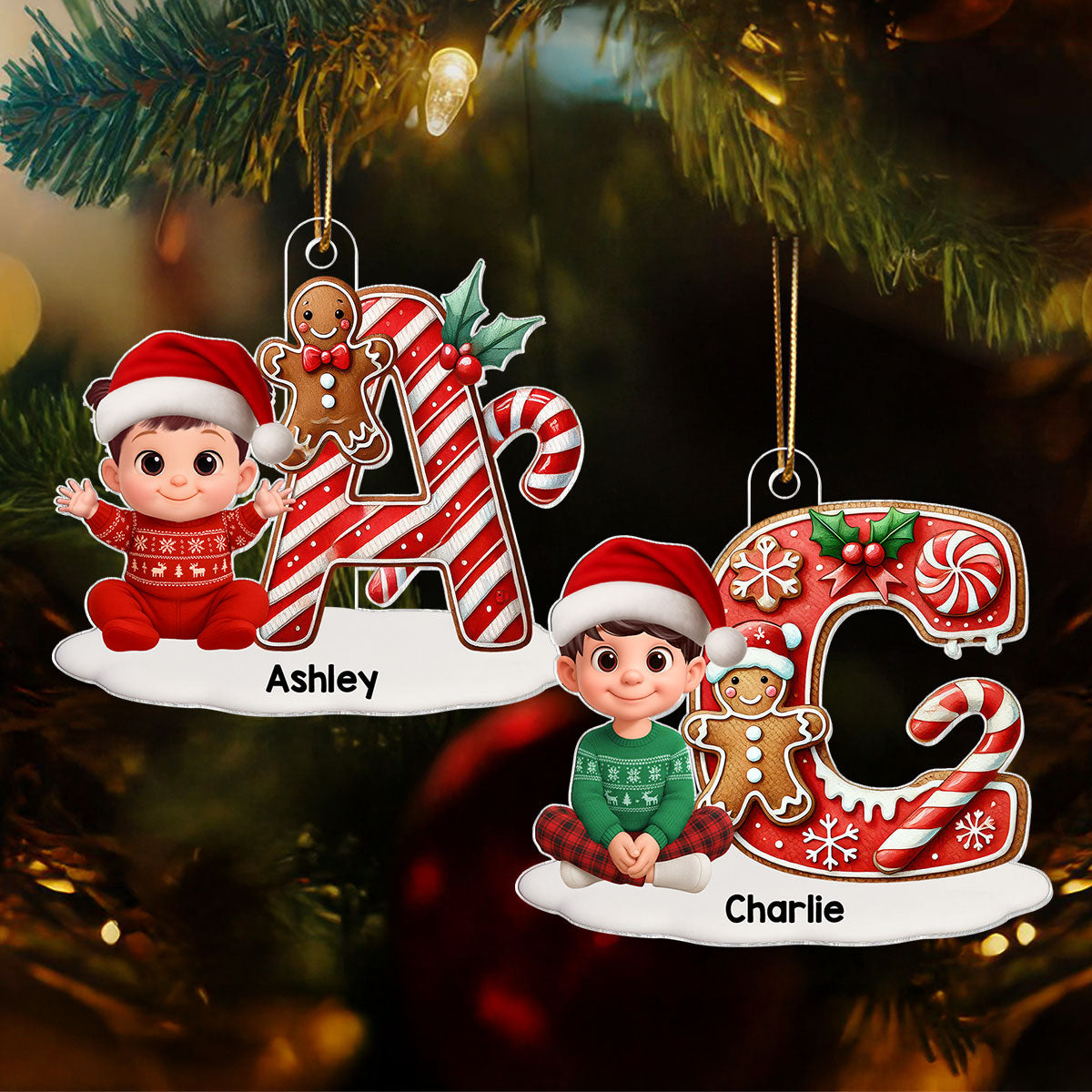3D Effect Candy Cane Initial Letter Family Member Name - Personalized Acrylic Ornament - Unique Christmas Gift For Family